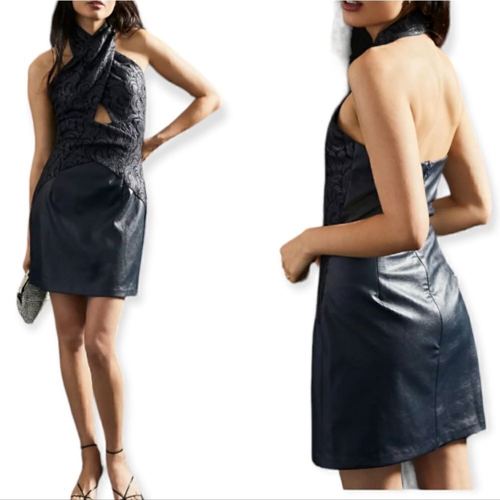 Eva Franco for Anthropologie Faux Leather Navy Lace Dress NEW